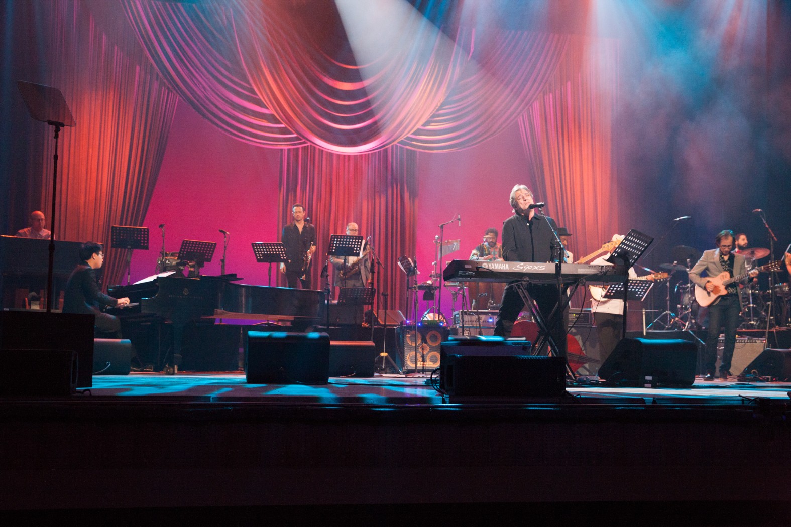 Left to right) John Beasley, A Bu, Till Brönner, César Lopéz, Yaroldi Abreu  Robles, Ivan Lins, Marcus Miller, Emilio Martiní & Oliver Valdés perform  “Lua Sobrena” on stage during the 2017 International